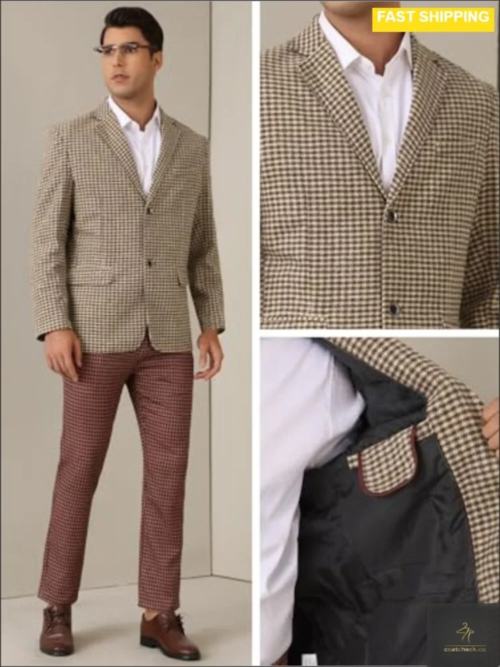 Classic Fit Houndstooth Plaid Two Button Blazer Sport Coat Business
